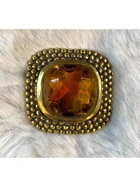 Vintage Accessocraft NYC Brooch Gold w/ Square Citrine Glass Stone